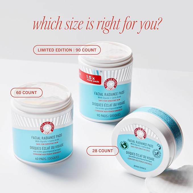 First Aid Beauty - Facial Radiance Pads with Glycolic & Lactic Acids, Daily Exfoliating Pads with AHA, Visibly Smaller Pores, Help Tone & Brighten Skin, One-Step Makeup Prep, Compostable, 60