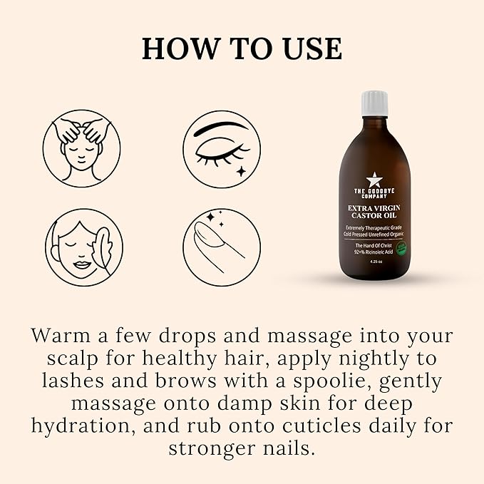 The Goodbye Company Organic Castor Oil for Hair, Skin & Eyelashes – 100% Pure, Cold-Pressed, Hexane-Free, Unrefined – Nourishing Beauty & Wellness Oil in Dark Glass Bottle – 4.25oz