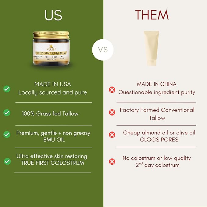 100% Grass Fed Tallow Balm with Colostrum & Emu Oil - Handmade Whipped Beef Tallow for Face and Body, Sensitive Skin Tallow Moisturizer made with True First Colostrum