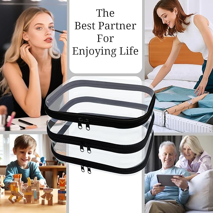 3 Piece Clear Hard Shell Zipper Case, Hard Plastic Clear Makeup Bag, TSA Approved Anti-Crush Toiletry Cosmetic Organizer Pouches for Travel & Daily