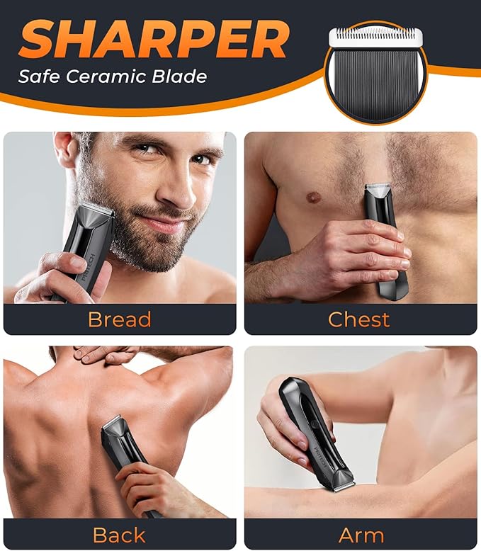 PRITECH Body Hair Trimmer for Men - Rechargeable Trimmer for Mens with Ceramic Blade, Wet & Dry Mens Ball Trimmer with Standing Recharge Dock, Cordless Groin Hair Trimmer for Men