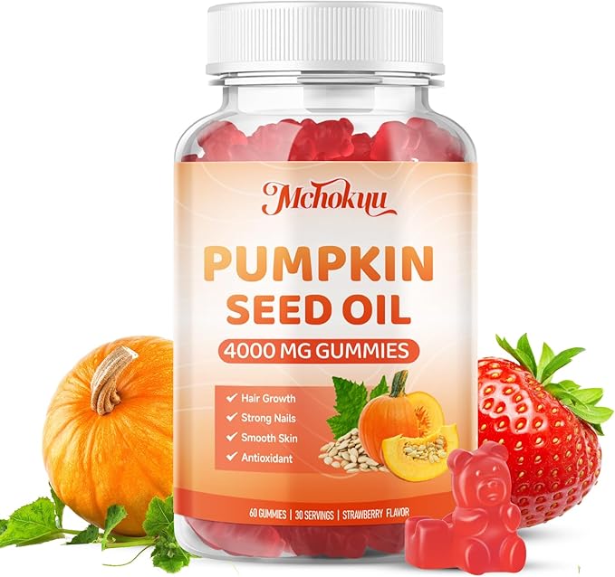 Pumpkin Seed Oil Supplement Gummies 4000mg with Saw Palmetto for Hair Growth & Skin Health, High Pure Extract for Women & Men Extra Strength Pumpkin Seed, Strawberry Flavor, 60 Count