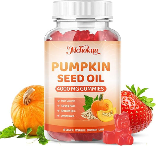 Pumpkin Seed Oil Supplement Gummies 4000mg with Saw Palmetto for Hair Growth & Skin Health, High Pure Extract for Women & Men Extra Strength Pumpkin Seed, Strawberry Flavor, 60 Count