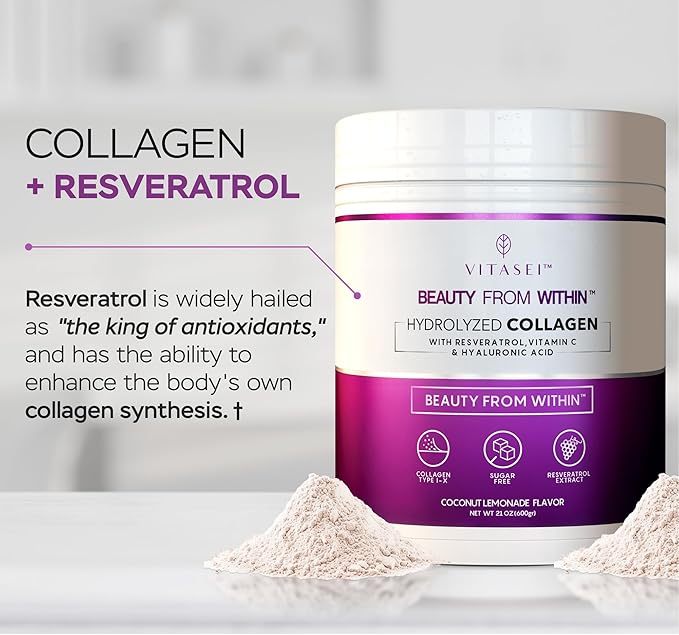 VITASEI Hydrolyzed Collagen Peptides Powder with Resveratrol & Vitamin C – Hair, Skin & Joint Support – Colágeno Hidrolizado for Women & Men – Refreshing Coconut Lemonade Flavor, 16 oz (30 Servings)