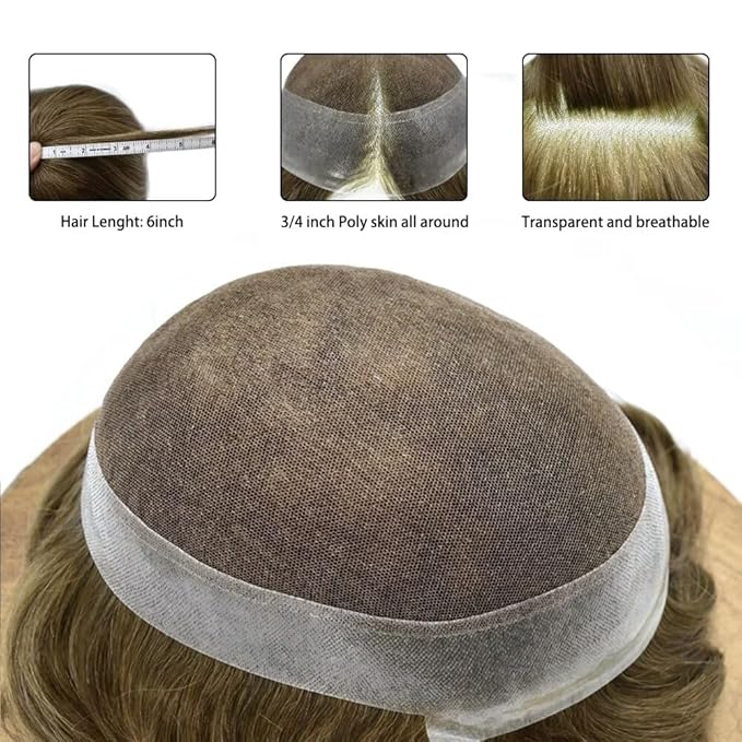 FACE MIRACLE Toupee for Men French Lace Hairpiece Human Hair Replacement System Skin PU Mens Toupee Hair Wigs for Man V-Looped Front Hair Prosthesis 6"X9" 7ASH Light Ash Brown