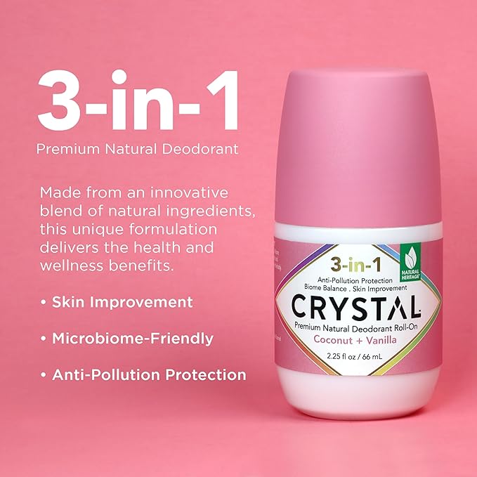 Crystal 3-in-1 BioHealth Deodorant, Coconut & Vanilla, Natural Odor Protection with Aloe & Hyaluronic Acid, Microbiome-Friendly, Moisturizing, Anti-Pollution Formula (2.25 Fl Oz)