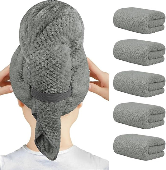 HOMEXCEL 5 Pack Large Microfiber Hair Towel Wrap for Women, Grey- 40 x 20 inches Super Soft, Fast Drying Turbans for Long, Thick, Curly Hair - Anti Frizz Wrap with Elastic Strap