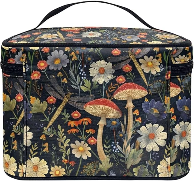 JoyLamoria Portable Makeup Case Retro Mushroom Printed Cosmetics Tote Pouch Zipper Closure