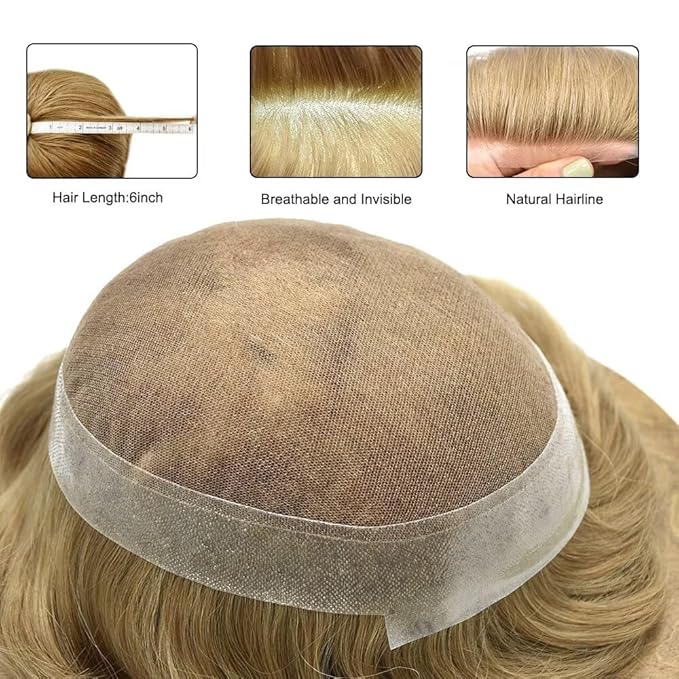 Toupee for Men French Lace Center Human Hair Replacement Systems Transparent Lace Center Hair Piece Mens Toupee Hair Units for Man V-Looped Front Male Hair Prosthesis 6"X8" #20 light ash blonde