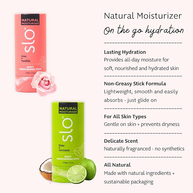Slo Natural Moisturizing Stick | Body Balm with Organic Ingredients | Hydrating Nourishing | Coconut, Cocoa Butter & Antioxidants | Travel-Friendly | Rose Vanilla & Lime Coconut | 2set (2x2.1oz/60g)