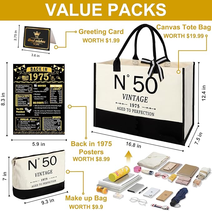 50th Birthday Gifts for Women Canvas Tote Bag, Unique 50 Years Old Gifts for Wife Sister Mom Aunt Friends Her, Vintage N°50 Handbag & Cosmetic Bag & Back in 1975 Poster