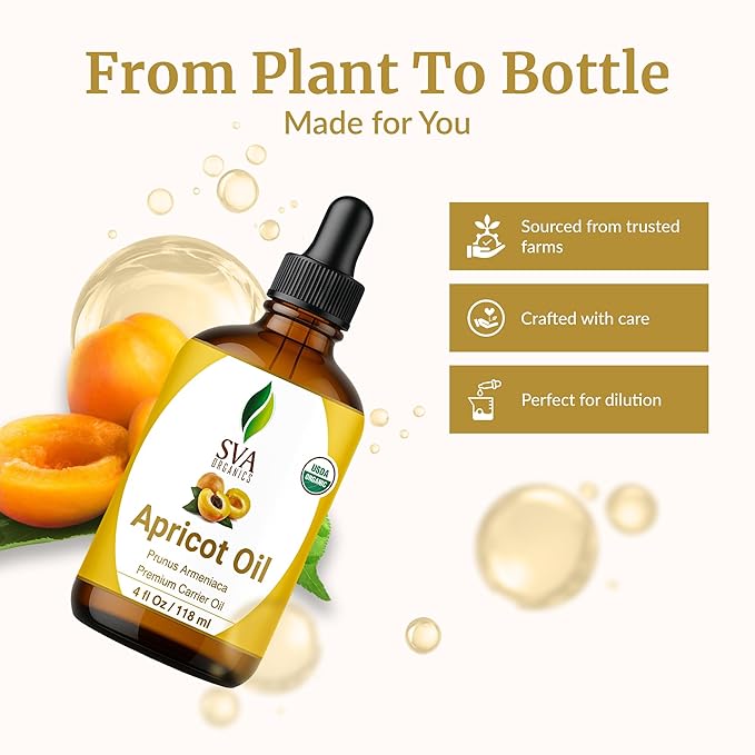 SVA Apricot Seed Oil Organic - 4 Fl Oz – 100% Natural Cold Pressed Organic Apricot Oil - for Face, Skin Care, Hair Care, Scalp Massage & Body Massage – Carrier Oil with Dropper