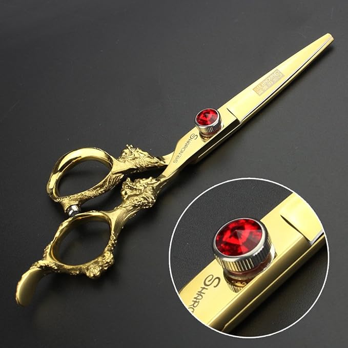 (Four colors) professional hairdresser scissors 6 inch 440c high hardness salon hairdresser hairstyle cutting and thinning hair trimmer (Gold Cutting Scissors)