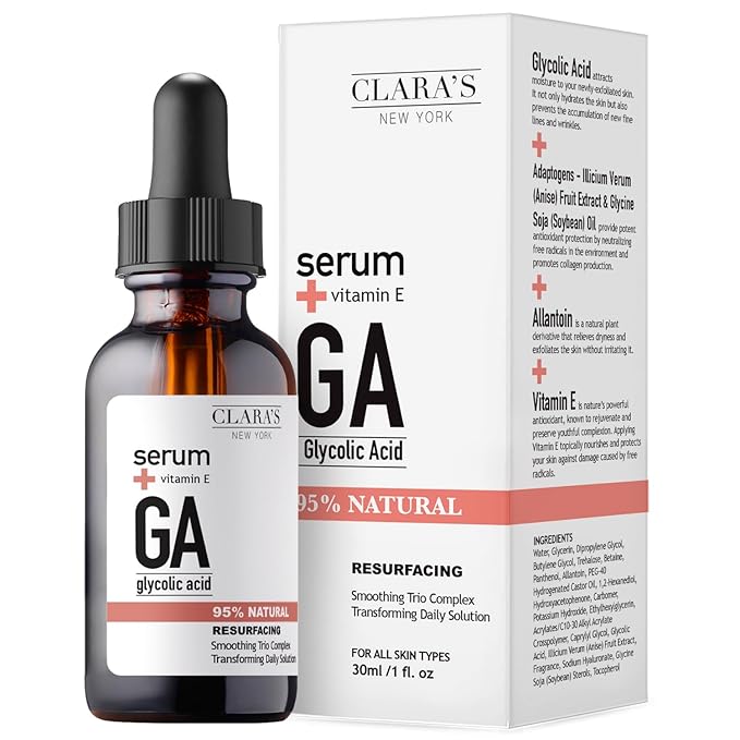 CLARA'S NEW YORK Glycolic Acid Facial Serum with Vitamin E for Exfoliating Smoothing Glowing Face Skin - Made in USA 30ml (1Fl/Oz) (Glycolic Acid)