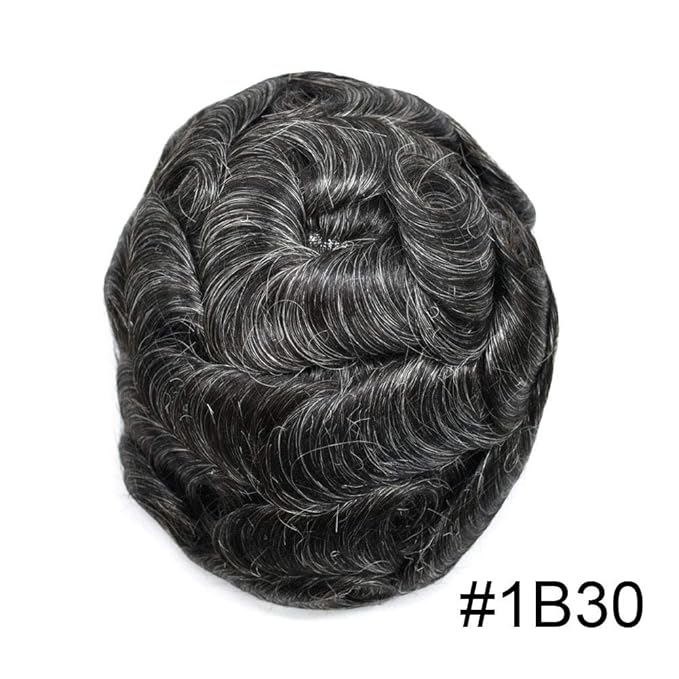 Mens Toupee Human Hair Piece French Lace Toupee for Man Hair System Indian Human Hair Replacement Systems V-Looped PU Front Hairpieces 8"X10" #1B30 1B# OFF BLACK WITH 30% SYNTHETIC GREY