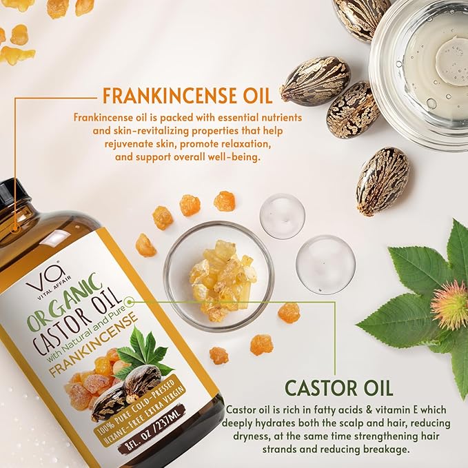 VITAL AFFAIR Organic Castor & Frankincense Oil Blend - 100% Pure and Natural, Cold Pressed, Unrefined Glass Bottle Castor and Frankincense Oil For Face & Hair Growth - 8oz