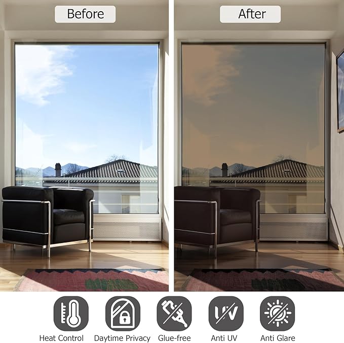 HIDBEA One Way Mirror Window Film, Daytime Privacy Sun Blocking Reflective Window Film Static Cling Heat Control Window Tinting Film for Home and Office, Brown Silver, 35.4 x 393.7 Inch