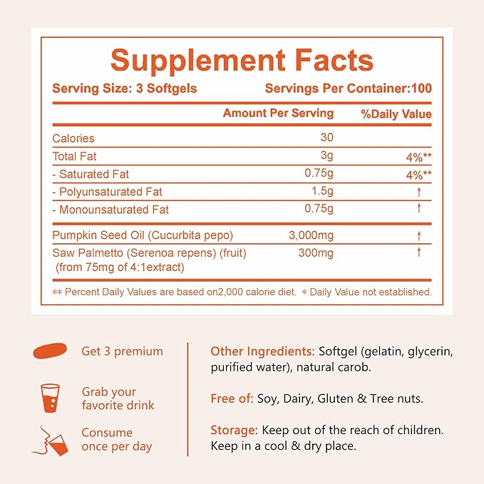 Pumpkin Seed Oil with Saw Palmetto, 3000mg Per Serving, 300 Softgels | Cold Pressed, Pure Virgin Oil, Essential Fatty Acids & Phytosterols | Supports Hair, Urinary, Bladder & Prostate Health | Non-GMO