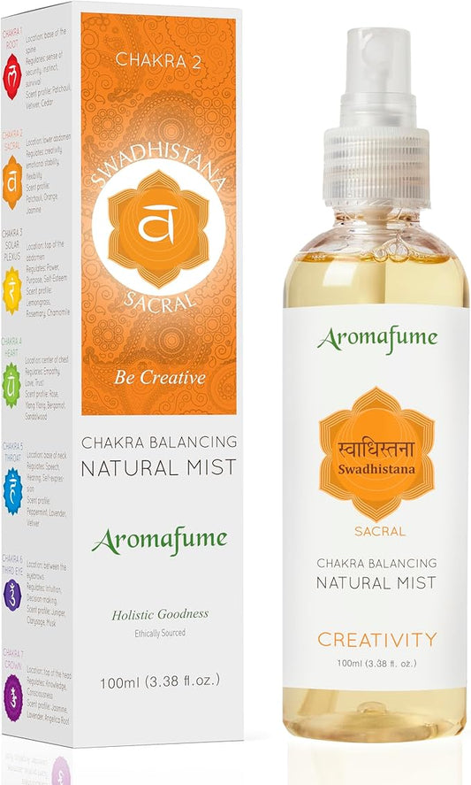 Sacral Chakra Natural Mist by Aromafume | 100ml/3.3 fl oz | Swadisthana | Aromatherapy Spray for Chakra Balance | Orange & Patchouli Extracts | Essential Oil Spray for Meditation, Yoga, Reiki