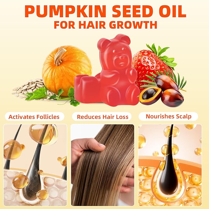 Pumpkin Seed Oil Supplement Gummies 4000mg with Saw Palmetto for Hair Growth & Skin Health, High Pure Extract for Women & Men Extra Strength Pumpkin Seed, Strawberry Flavor, 120 Count