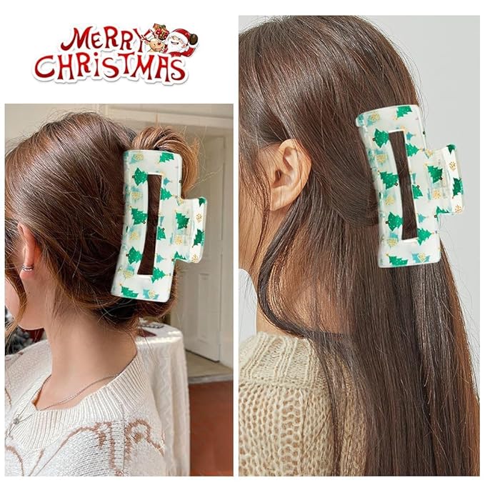Christmas Tree Claw Clips,1pc Acrylic Hair Clip, Rectangular Large Hair Claw Clips for Thick/Thin Hair, Transparent Green Tree Design Medium Hairpin, Cute Hair Accessories for Christmas