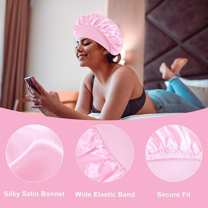 4Pcs Silk Satin Hair Bonnets for Sleeping - Elastic Wide Band Satin Hair Wrap for Sleeping Black Women Men,Silk Bonnets for Curly Hair(Black & Pink & Blue & Purple)