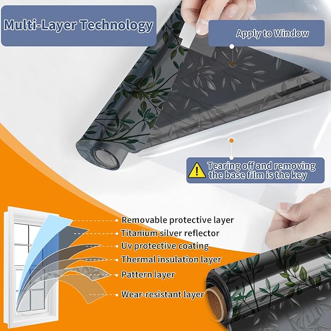 One Way Privacy Film, Window Tint for Home,Daytime Reflective, Anti UV Static Cling Sliding Door Coverings No Glue Garage Solar Paper (Black - Silver-Leaves, 35.4 x 157.4 in)