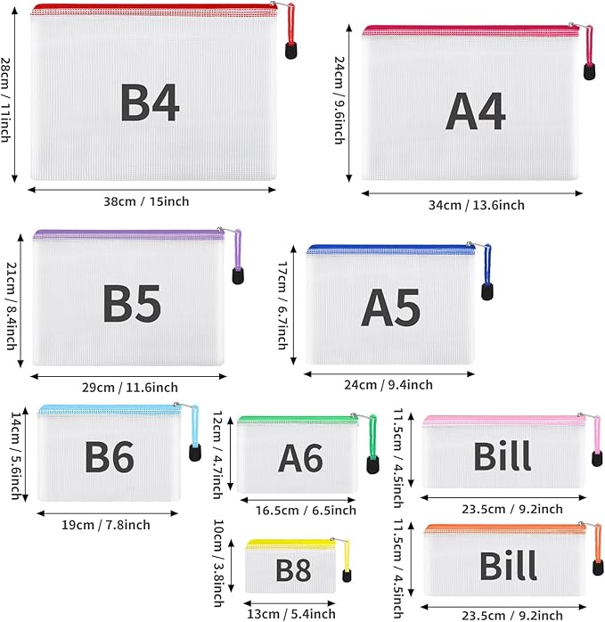EOOUT 20pcs Mesh Zipper Pouch, Waterproof Zipper Bags, 8 Sizes Plastic Travel Pouch, 10 Colors, Multipurpose for Board Game, Travel Storage, School Supplies, Office Appliances, Home Organize