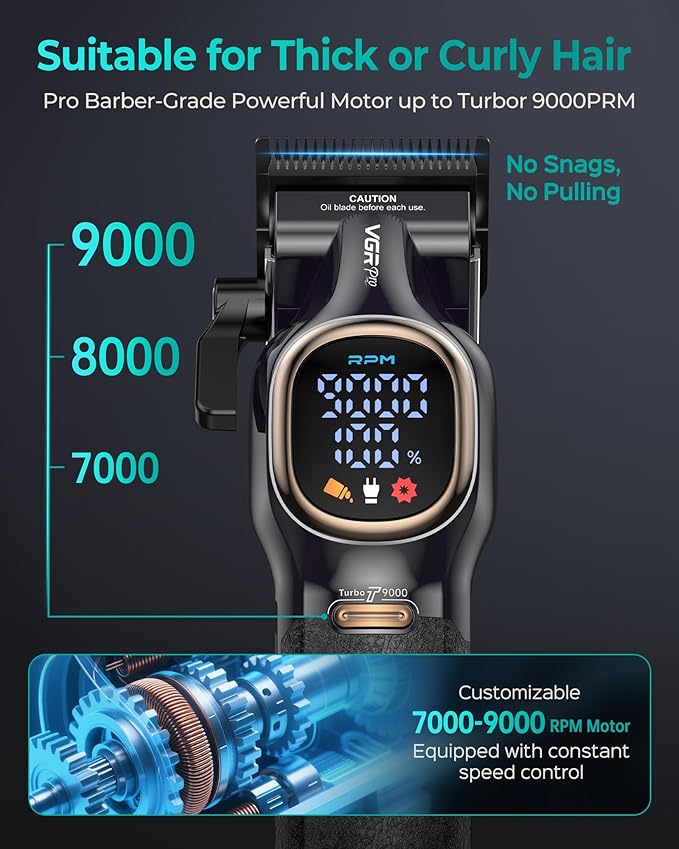 Professional Hair Clippers for Men, Professional Barber Clippers and Trimmer Set, Cordless Hair Clippers for Hair Cutting with Package Case, Powerful 9000 PRM Rechargable Electric (Black)