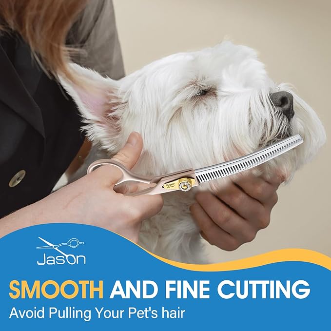 JASON Updated Curved Thinning Shears - 7” Professional Dog Grooming Scissors, 440C Stainless Steel, Adjustable Screws, 20%-25% Thinning Rate Christmas Gift