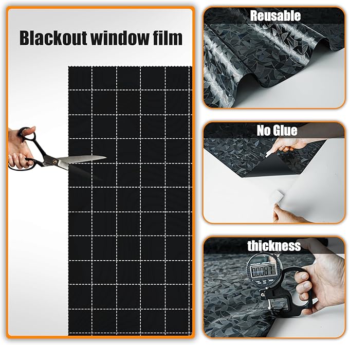 QHY Sunshine Total Blackout Window Film Privacy， Frosted Glass Window Film，Black Window Tint， No Glue， Detachable, no Marks, Suitable for Repeated use (Black Rainbow, 35.4 in X 78.7 in)
