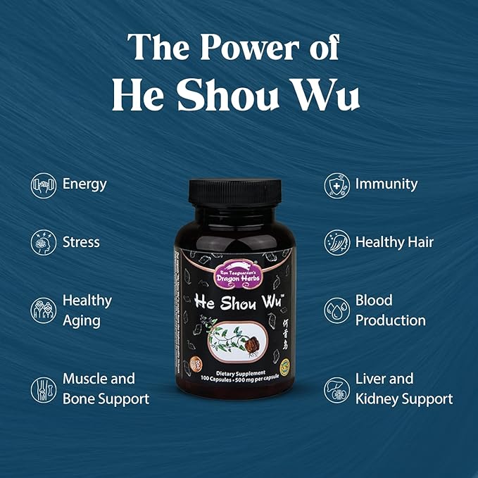 Dragon Herbs He Shou Wu | Prepared He Shou Wu Supplement to Support Energy, Mood, Immune Support, Healthy Aging, Hair | All Natural Ingredients, Non-GMO (100 Capsules, 500 mg Per Capsule