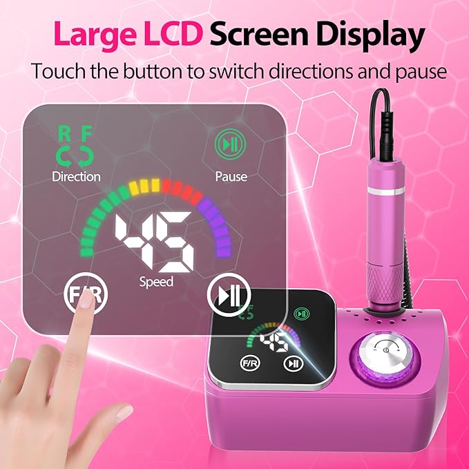 Professional Electric Nail Drill E-File Machine - 45,000 RPM Corded Nail Drills Kit with Low Noise & LED Display for Shaping, Removing & Polishing Acrylic Gel Nails for Salon Home