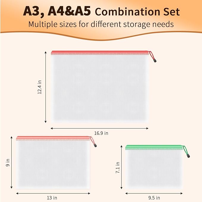 Umriox Mesh Zipper Pouch Bags, A3+A4+A5, (6 colors, 18 Packs), Clear Zipper Pouches, Waterproof Zipper Pouches for Office Supplies Cosmetics Travel Storage