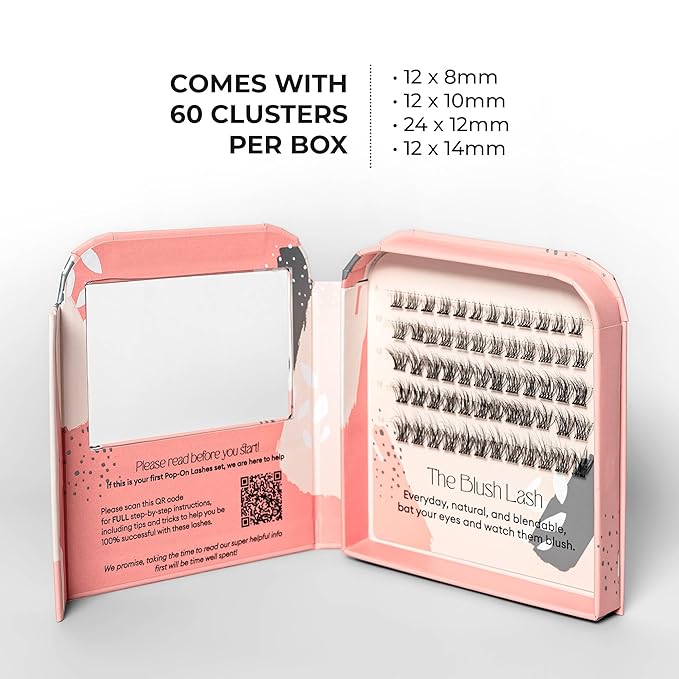 Silly George Pop-On Lashes - DIY 1-Step Pre-Glued Faux Eyelash Clusters, Natural Look Extensions, Black - Blush, 5-7 Pair Set, Pack of 60 Clusters