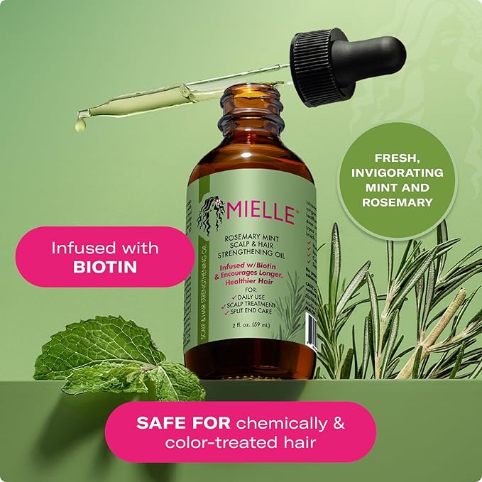 Mielle Organics Rosemary & Mint Hair Oil, Split Ends & Dry Scalp Treatment - Made with Biotin & Essential Oils for Strengthening, Soothing, Moisturizing & Encouraging Longer, Healthier Hair (2 Fl Oz)
