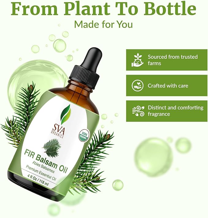 SVA Fir Balsam Essential Oil Organic – 4 Fl Oz – 100% Natural Organic Fir Oil - for Diffuser, Hair Care, Face, Skin Care, Aromatherapy, Scalp and Body Massage, Soap and Candle Making – with Dropper