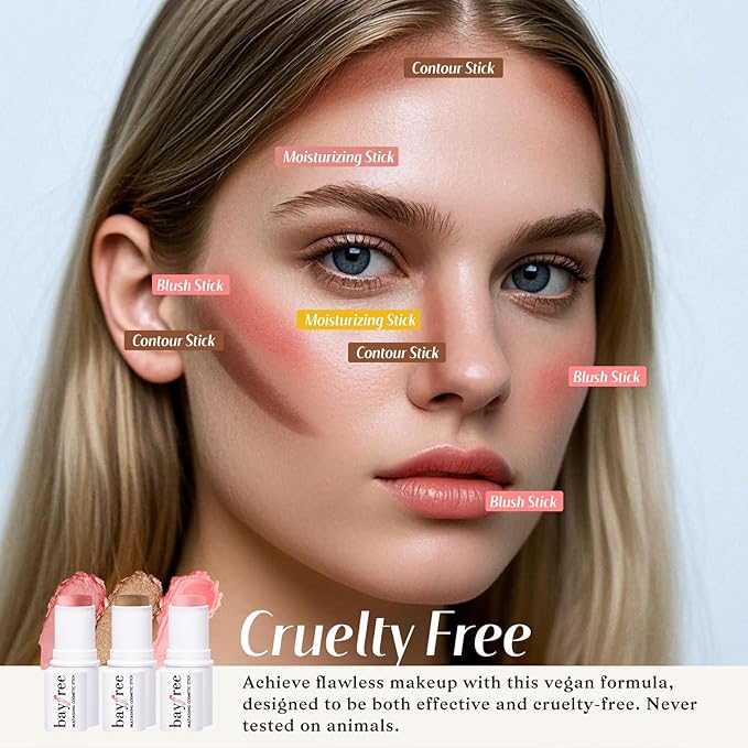 KIMUSE Face Sticks Trio, Cream Blush Stick & Highlighter Stick & Contour Stick for Sculpt the Cheeks, Long Lasting Cream Contour Stick Trio for Face Makeup, with Brush