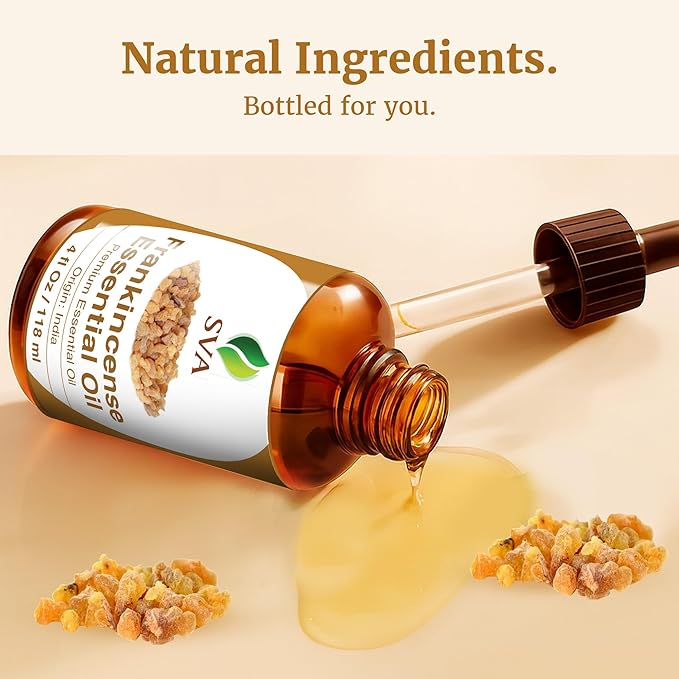 SVA Frankincense Essential Oil – 4 Fl Oz – 100% Natural Boswellia Serrata Oil - for Diffuser, Hair Care, Face, Skin Care, Aromatherapy, Scalp and Body Massage, Soap and Candle Making – with Dropper