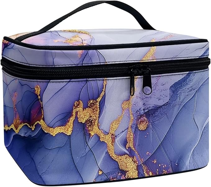 JoyLamoria Purple Marble Print Portable Cosmetic Bag Travel Makeup Bag Large Capacity Zipper Pouch