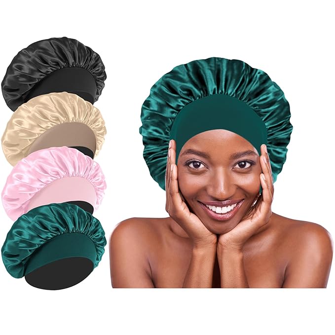 4Pcs Silk Hair Bonnets for Sleeping - Elastic Wide Band Satin Hair Wrap for Sleeping Black Women Men,Bonnets for Curly Hair,Silk Sleep Cap (Black & Blue & Pink & Khaki)