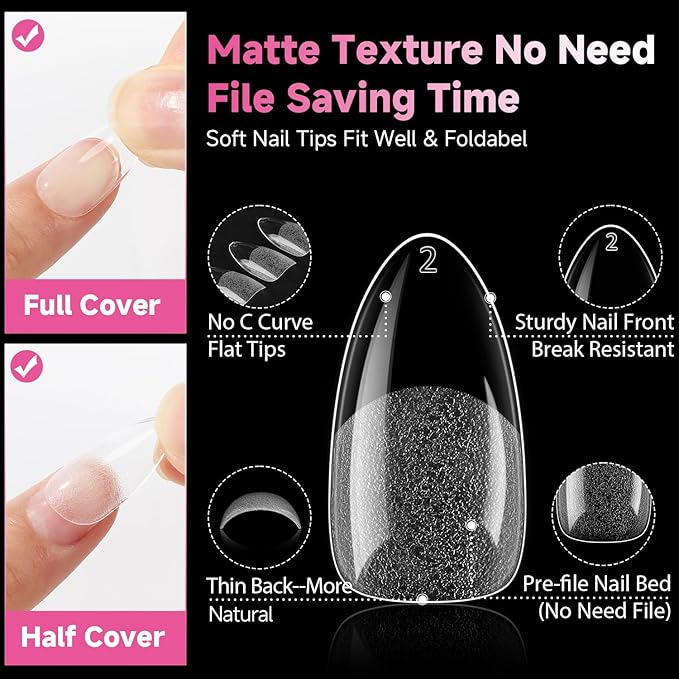 UNA GELLA Medium Almond Nail Tips, 312pcs Almond Gel Nails Tips Shape Pre Etched Full Cover Clear Fake Acrylic Pointed Press On Nails No C Curve for Nail Extension Christmas Art DIY Salon 12 Sizes