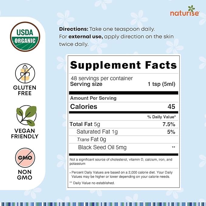 Organic Black Seed Oil (Nigella Sativa, Cumin Seed) Cold Pressed Non-GMO, 8 oz Glass Bottle Source of Essential Fatty Acids, Omega 3 6 9'