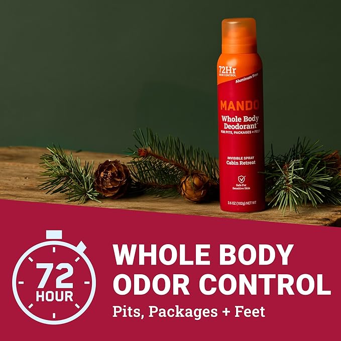 Mando Whole Body Deodorant For Men - Invisible Spray Deodorant - 72 Hour Odor Control - Low Irritation Formula - Aluminum Free, Benzene Free - 3.6 ounce Cans (Pack of 2) - Cabin Retreat