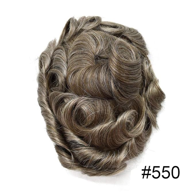 Mens Toupee Human Hair Piece French Lace Toupee for Man Hair System Indian Human Hair Replacement Systems V-Looped PU Front Hairpieces 8"X10" #550 5# MEDIUM LIGHT BROWN WITH 50% SYNTHETIC GREY
