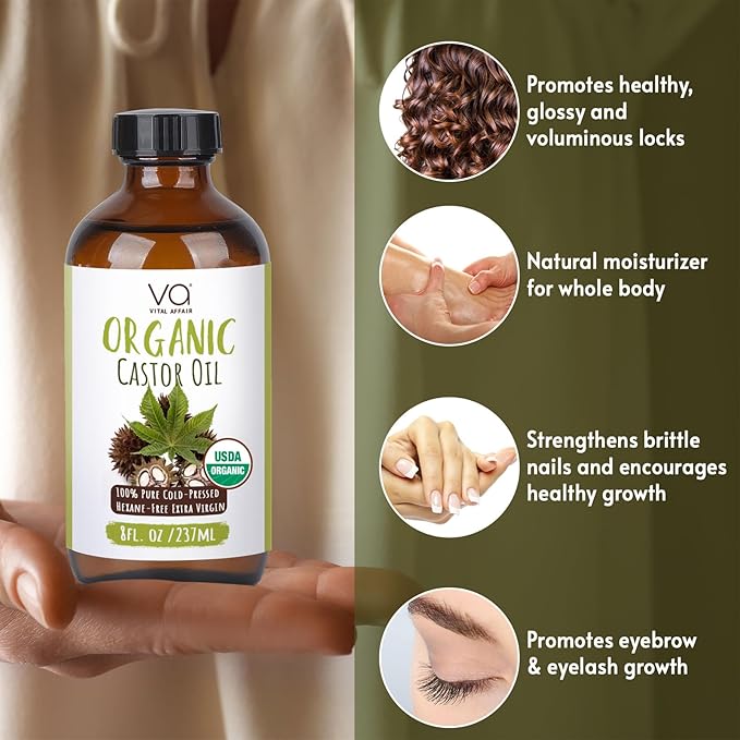 VITAL AFFAIR Castor Oil Organic Cold Pressed Unrefined Glass Bottle - USDA Certified Castor Oil For Hair Growth, Skin, Eyelashes, Eyebrows & Nails - 8 Fl Oz