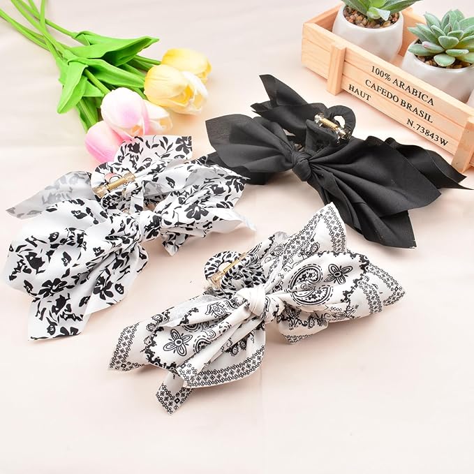Bow Claw Clips Bow Hair Clips Black White 3PCS Big Hair Bows for Women Butterfly Styling Large Hair Clips for Thick Hair for Girls Hair Accessories for Teen