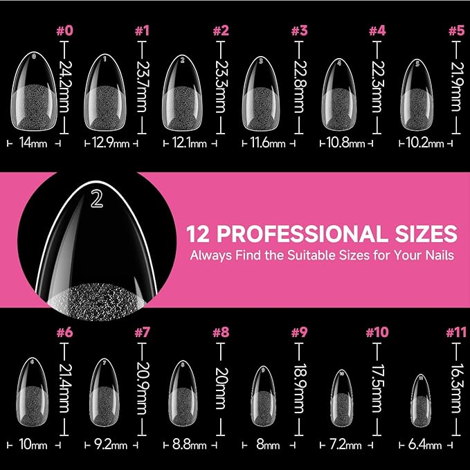 UNA GELLA Medium Almond Nail Tips, 312pcs Almond Gel Nails Tips Shape Pre Etched Full Cover Clear Fake Acrylic Pointed Press On Nails No C Curve for Nail Extension Christmas Art DIY Salon 12 Sizes