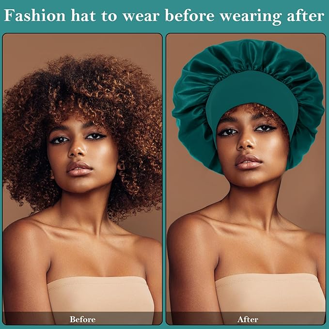 4Pcs Silk Hair Bonnets for Sleeping - Elastic Wide Band Satin Hair Wrap for Sleeping Black Women Men,Bonnets for Curly Hair,Silk Sleep Cap (Black & Blue & Pink & Khaki)