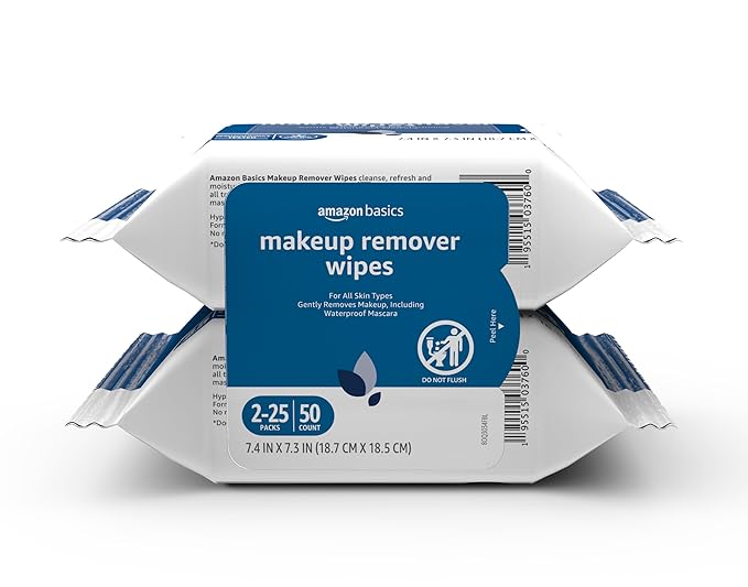 Amazon Basics Makeup Remover Wipes, Gentle Cleansing, Dermatologist Tested, Original, Plant Based, Alcohol-Free, Removes Waterproof Mascara, 25 Count Per Pack, Pack of 2